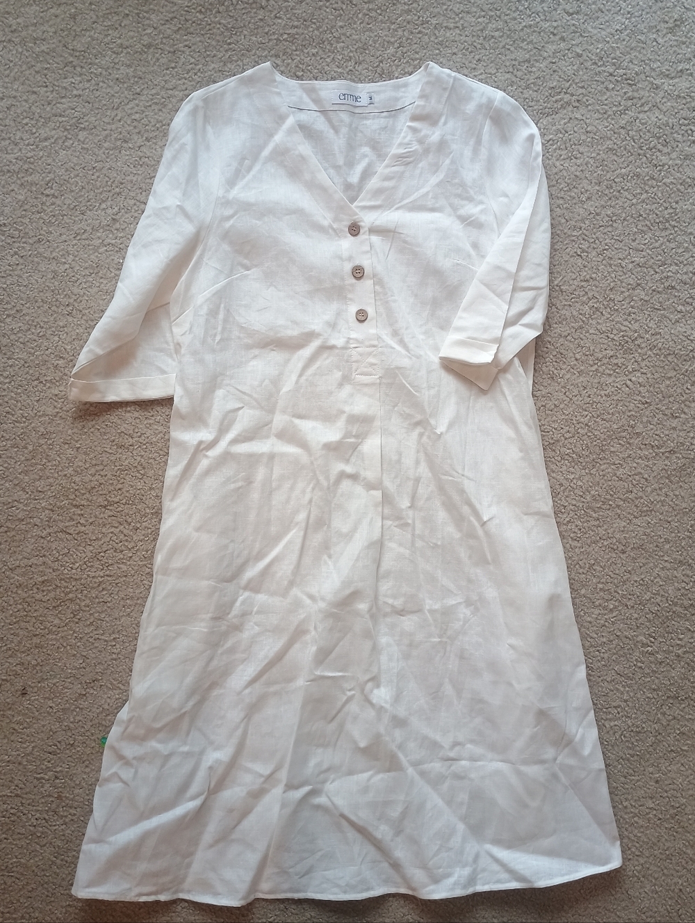 Emme Linen Faye White V-Neck Linen Button Front Dress